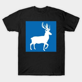 White Coloured Scottish Stag Silhouette on Saltire Blue Background T-Shirt